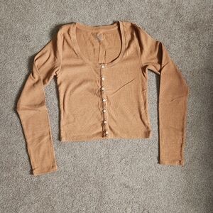 Women's Tan Button-Up Ribbed Top